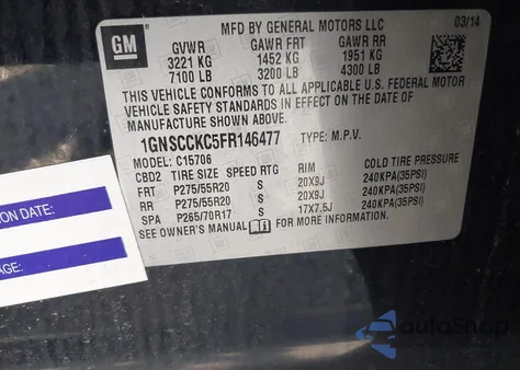 2015 Chevrolet Tahoe Ltz из США, поврежденный, VIN 1GNSCCKC5FR146477